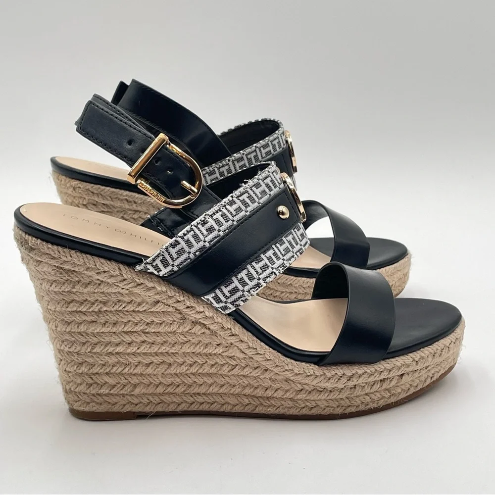 Womens Platform sandals 9.5 Black White wedges Gold Logo Tommy Hilfiger